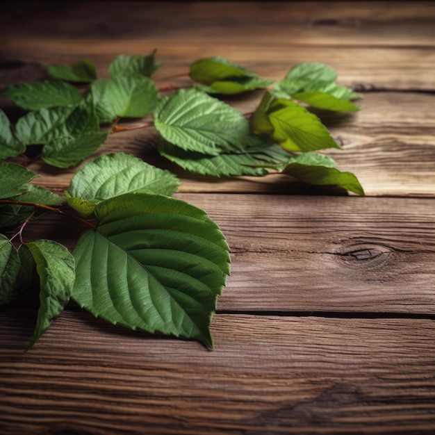 Foto folhas verdes em uma mesa de madeira generativa ai