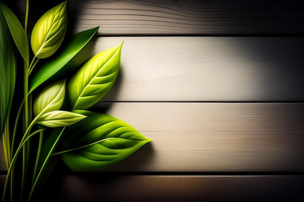 Folhas verdes em uma mesa de madeira