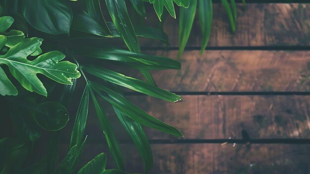 Foto folhas verdes exuberantes de uma planta tropical contra um fundo de madeira escura