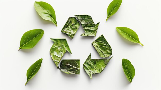 Foto folhas verdes formando um símbolo de reciclagem sobre um fundo branco o conceito de ecologia e protecção do ambiente