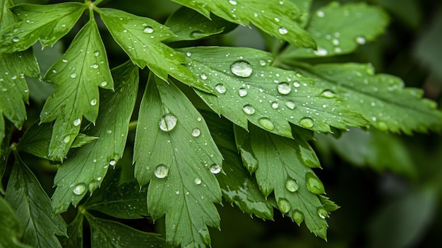 Foto folhas verdes frescas com gotas de água que significam vida e pureza na natureza