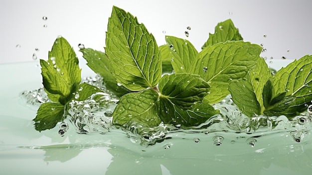 Folhas verdes frescas e realistas de hortelã-pimenta com salpicos de água isoladas em fundo transparente