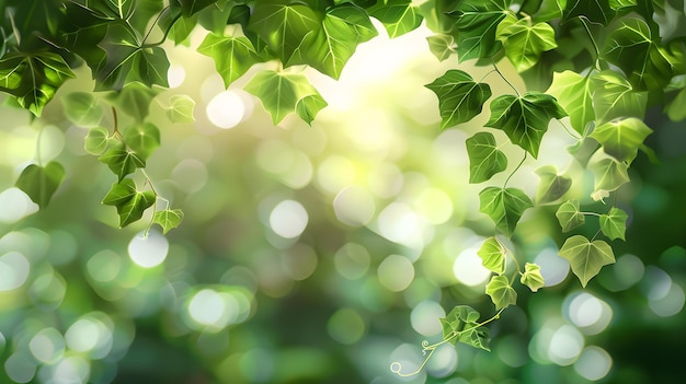 Folhas verdes frescas em fundo verde borrado com bokeh e luz solar