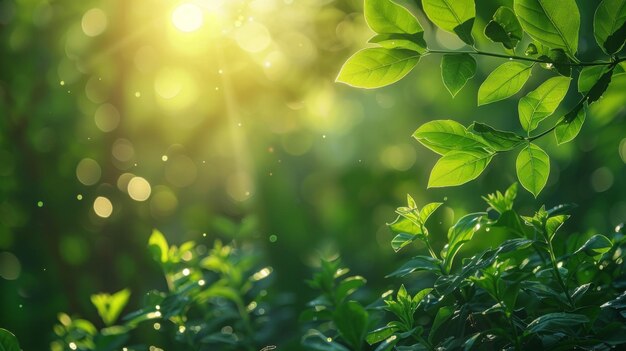 Folhas verdes frescas no jardim com luz solar e fundo bokeh