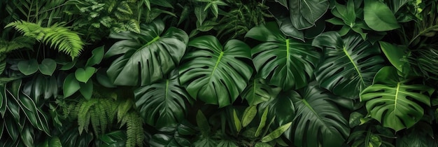 Foto folhas verdes grupo de fundo de folhas tropicais verdes escuras monstera palmeira folha de coco samambaia folha de palmeira bananaleaf panorama conceito de fundo da natureza generativo ai