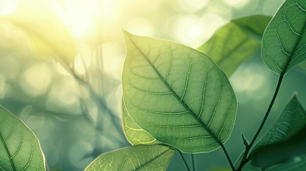 Folhas verdes iluminadas pelo sol com padrões de veias Folhas verdes vibrantes com intrincados padrões de veia iluminadas pela luz solar com um fundo bokeh de sonho