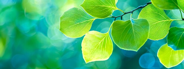 Folhas verdes luminosas sobre um fundo azul tranquilo