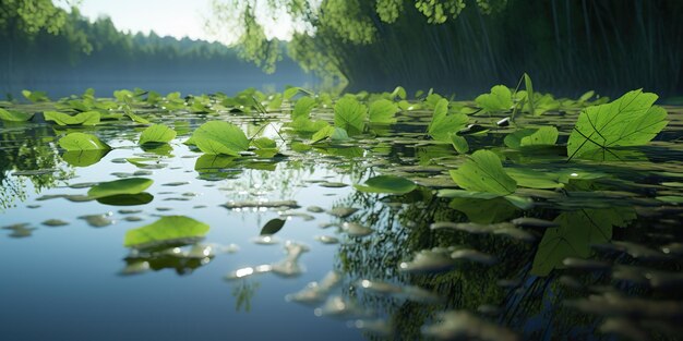 Folhas verdes na lagoa rio lago landscaoe vista de fundo