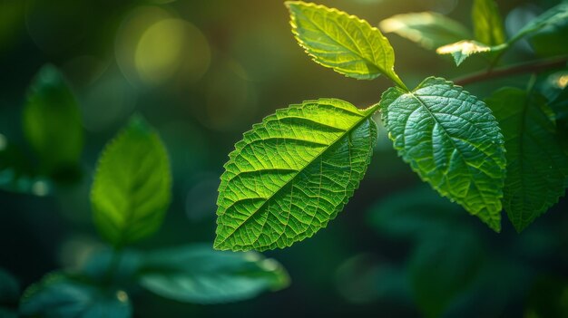 Folhas verdes na luz da manhã Fundo da natureza Foco suave