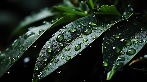 folhas verdes naturais com gotas de chuva depois de uma tempestade na floresta tropical Closeup de grama