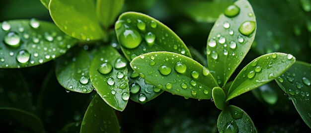 Folhas verdes selvagens de serenidade exuberante com orvalho