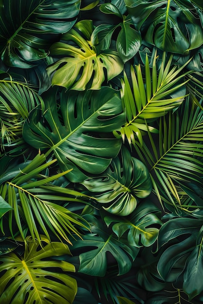 Folhas verdes tropicais exuberantes preenchendo o quadro Fotografia de padrões naturais com um tema vibrante da selva