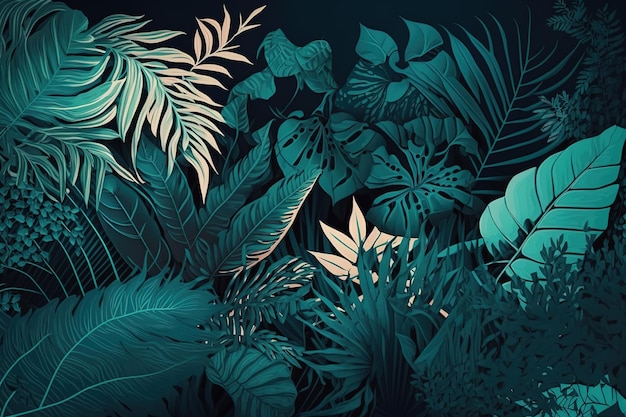 Folhas verdes tropicais Linda impressão minimalista para sua decoração para parabéns de cartão postal e pôster Generative AI