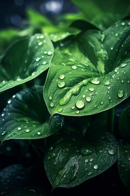 Folhas verdes ultra-realistas com gotas de chuva sobre elas