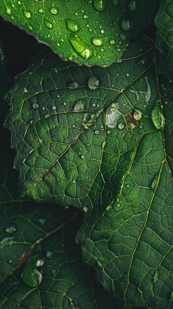 Folhas verdes vibrantes com gotas de orvalho