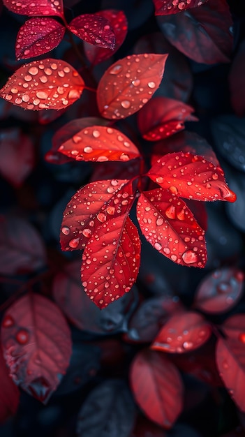 Folhas vermelhas cobertas de gotas de água brilhando com umidade