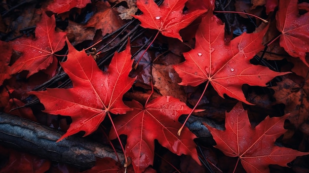 Folhas vermelhas de bordo de outono deitadas no chão da floresta Generative AI