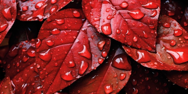 Folhas vermelhas frescas com gotas de água próximas da folha com IA generativa de pingos de chuva