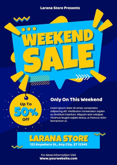 Folheto de promoção de venda de fim de semana simples azul e amarelo brilhante 1