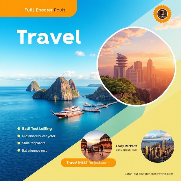 Folheto de viagem e modelo de mídia social com foto
