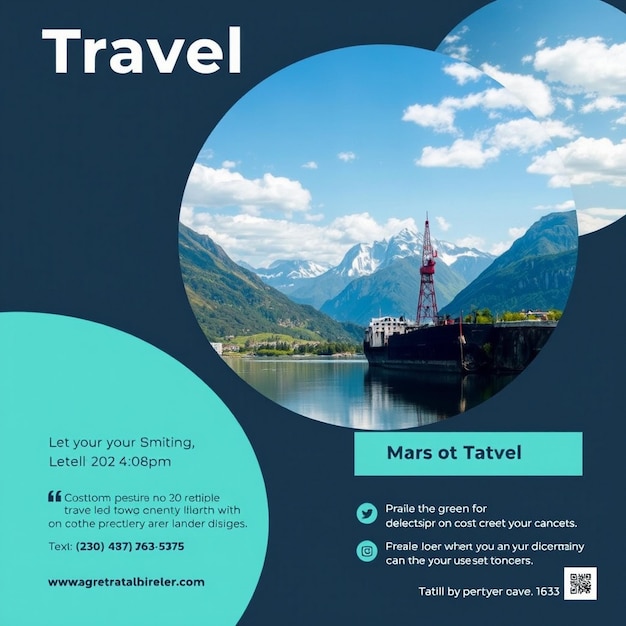 Folheto de viagem e modelo de mídia social com foto