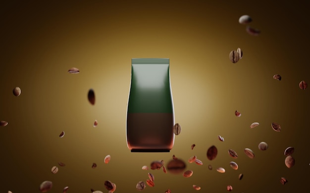Folienbeutel mit fallenden Kaffeebohnen Doypack mit Arabica-Körnern auf goldenem dunklem Hintergrund Mockup-Banner Leere grüne Plastiktüte Vorderansicht der geschlossenen Verpackung Realistische 3D-Illustration Ad-Premium