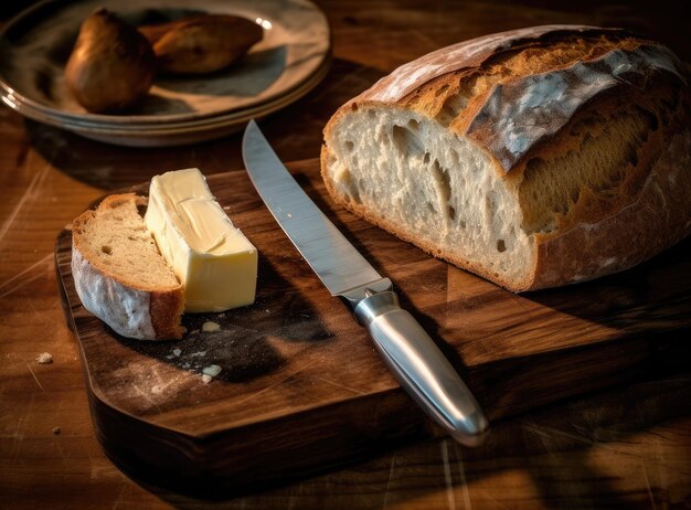 Foliengewickeltes Tischmesser mit verarbeitetem Creme-Käse und eine Brotscheibe auf einem Schneidbrett über blauem Holz