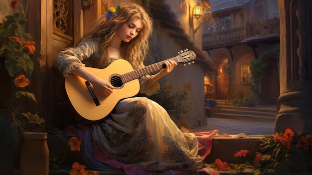 Folklore Street Melody Margaret tocando la guitarra acústica en una obra de arte de fantasía realista