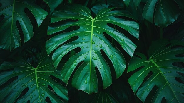 El follaje de la hoja tropical en verde oscuro con gota de agua de lluvia en la textura de fondo abstracto de la naturaleza