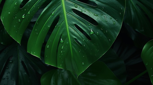 El follaje de la hoja tropical en verde oscuro con lluvia