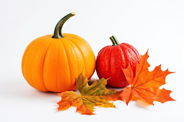 Follaje de otoño y calabaza sobre fondo blanco.