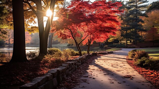 el follaje de otoño de la pasarela del jardín