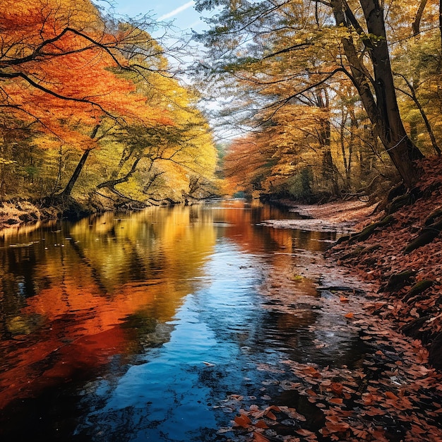 El follaje de otoño se refleja a ambos lados de las orillas del río