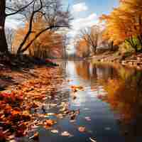 Foto el follaje de otoño se refleja en un lago tranquilo naranja cálida y boke ilustración hiperrealista arte fotográfico