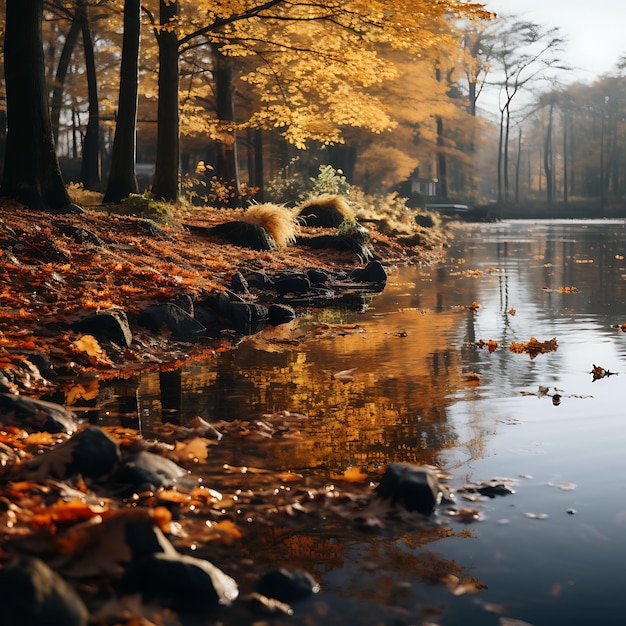 El follaje de otoño se refleja en un lago tranquilo Naranja cálida y Boke Ilustración hiperrealista Arte fotográfico