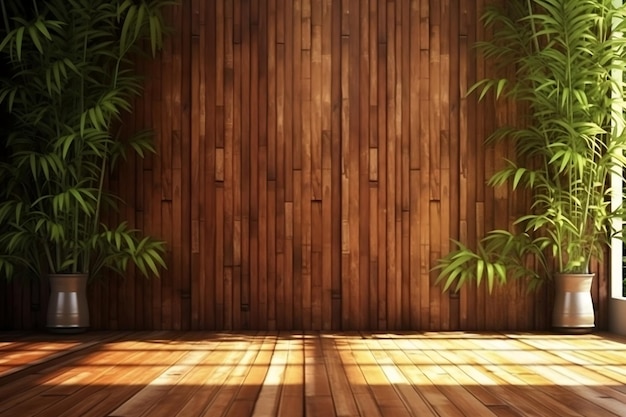 El follaje suave y hermoso moteó la luz del sol de la sombra de la hoja del árbol de bambú tropical en el panel de madera marrón