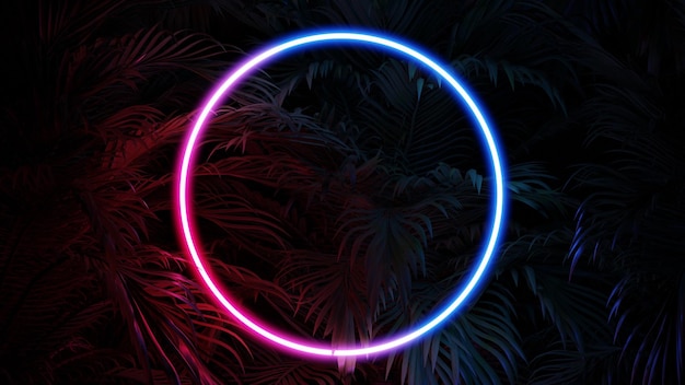 Follaje tropical en la noche en el anillo de círculo de resplandor de neón de la selva deja render 3d
