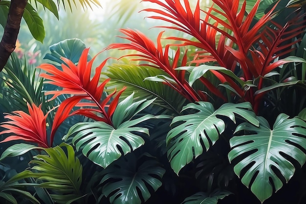 El follaje tropical rojo y el fondo de la naturaleza borrosa