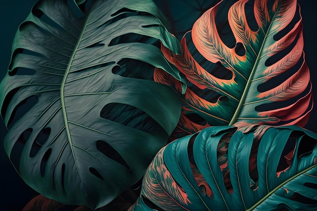 Follaje tropical selva Monstera deja closeup rama de palmera sobre un fondo oscuro