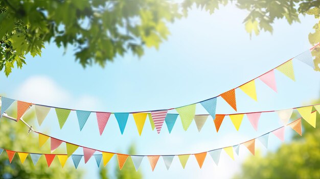 El follaje verde de los árboles y el fondo del cielo azul con una pancarta para las fiestas de verano Imagen de maqueta