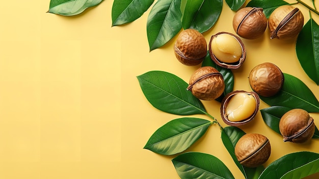 El follaje verde y las deliciosas nueces de macadamia sobre un entorno y espacio de color amarillo pálido