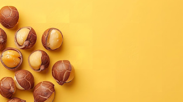 El follaje verde y las deliciosas nueces de macadamia sobre un entorno y espacio de color amarillo pálido