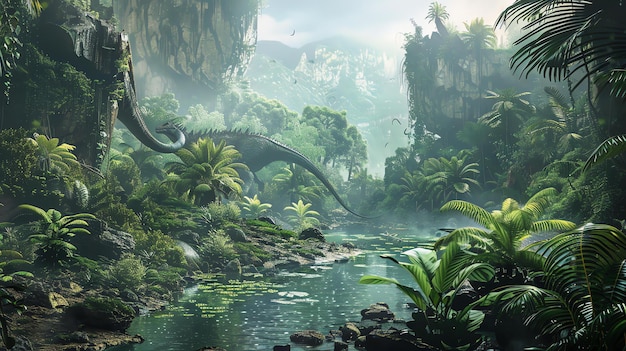 El follaje verde exuberante y un río que corre por el medio con grandes criaturas parecidas a dinosaurios de pie en el agua y en las orillas