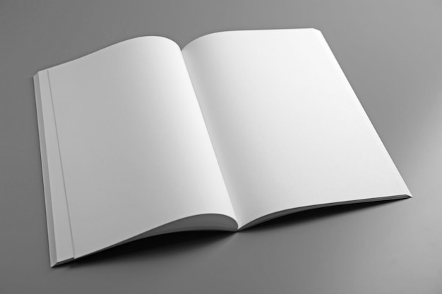 Folleto abierto en blanco sobre fondo gris