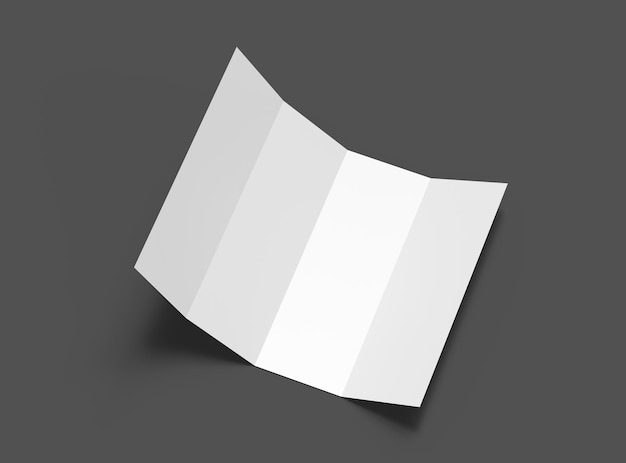 Un folleto en blanco de cuatro rollos plegables de tamaño A4 en 3D para presentar su diseño