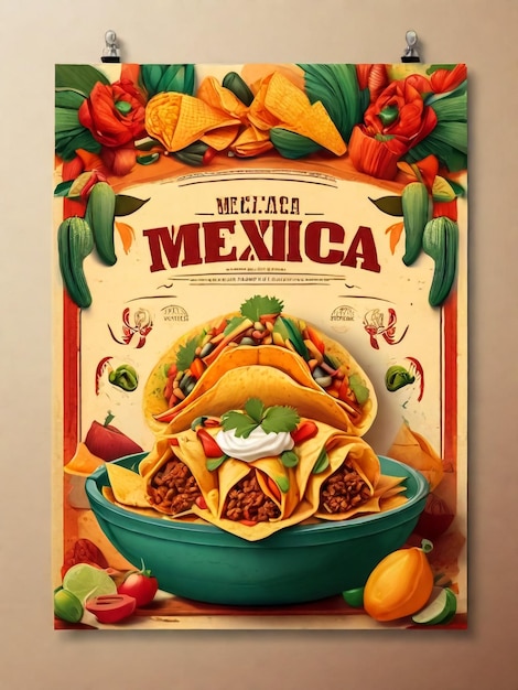 Foto folleto publicitario de comida mexicana folleto promocional cartel de cocina nacional con colores de bandera y taco nachos y otros estilo plano de dibujos animados