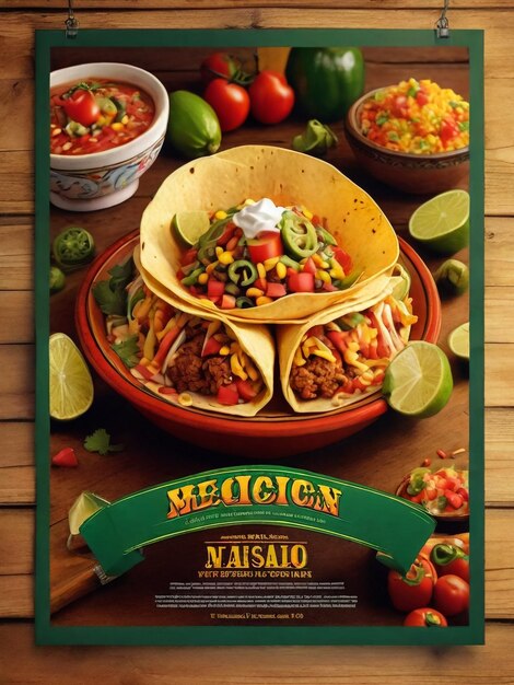 Folleto publicitario de comida mexicana folleto promocional cartel de cocina nacional con colores de bandera y taco nachos y otros estilo plano de dibujos animados