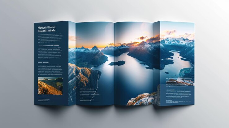 Folleto de viaje con impresionantes fotografías de paisajes de montañas y lagos ideal