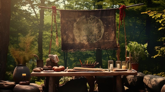 FOLOK-Magie ein Banner mit folkloristischen Werkzeugen und einem natürlichen Hintergrund
