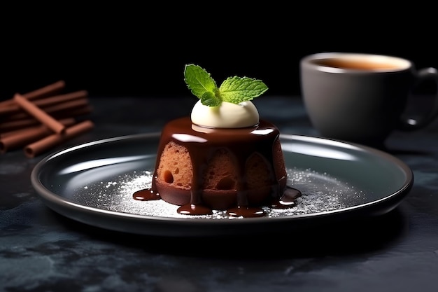 Fondant de chocolate com sorvete e hortelã em fundo escuro